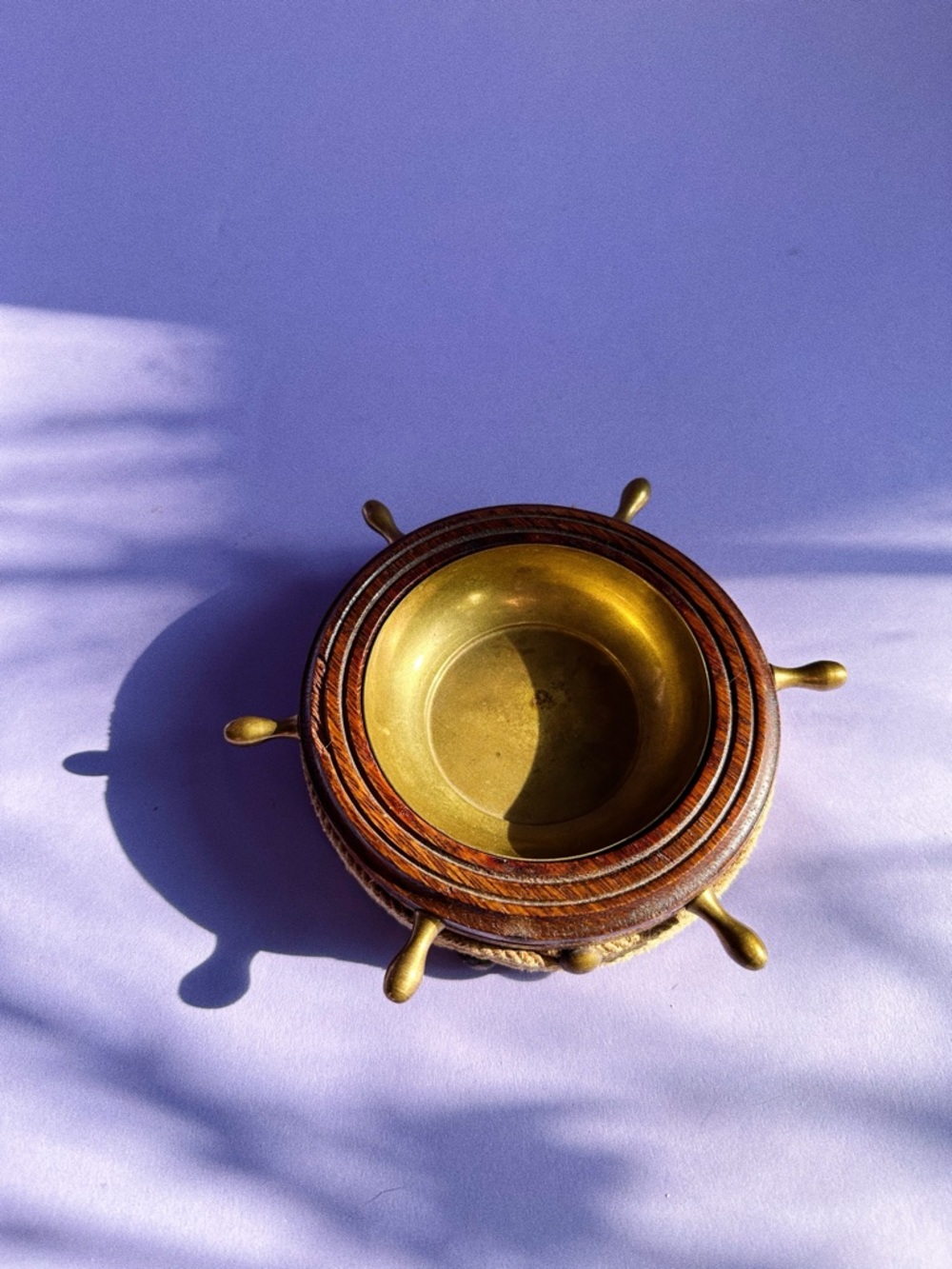 Vintage Brass and Wood Ship Wheel Ashtray